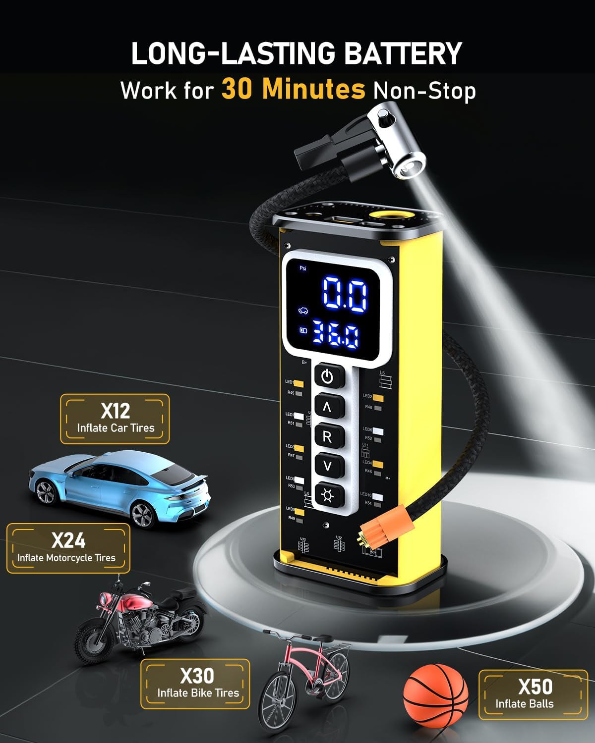 Tire Inflator Portable Air Compressor, 150 PSI Air Compressor for Car Tires, Portable Tire Inflator for Car with Pressure Gauge, Tire Pump for Cars, Bike, Motorcycle, Ball，Valentines Day Gifts for Him