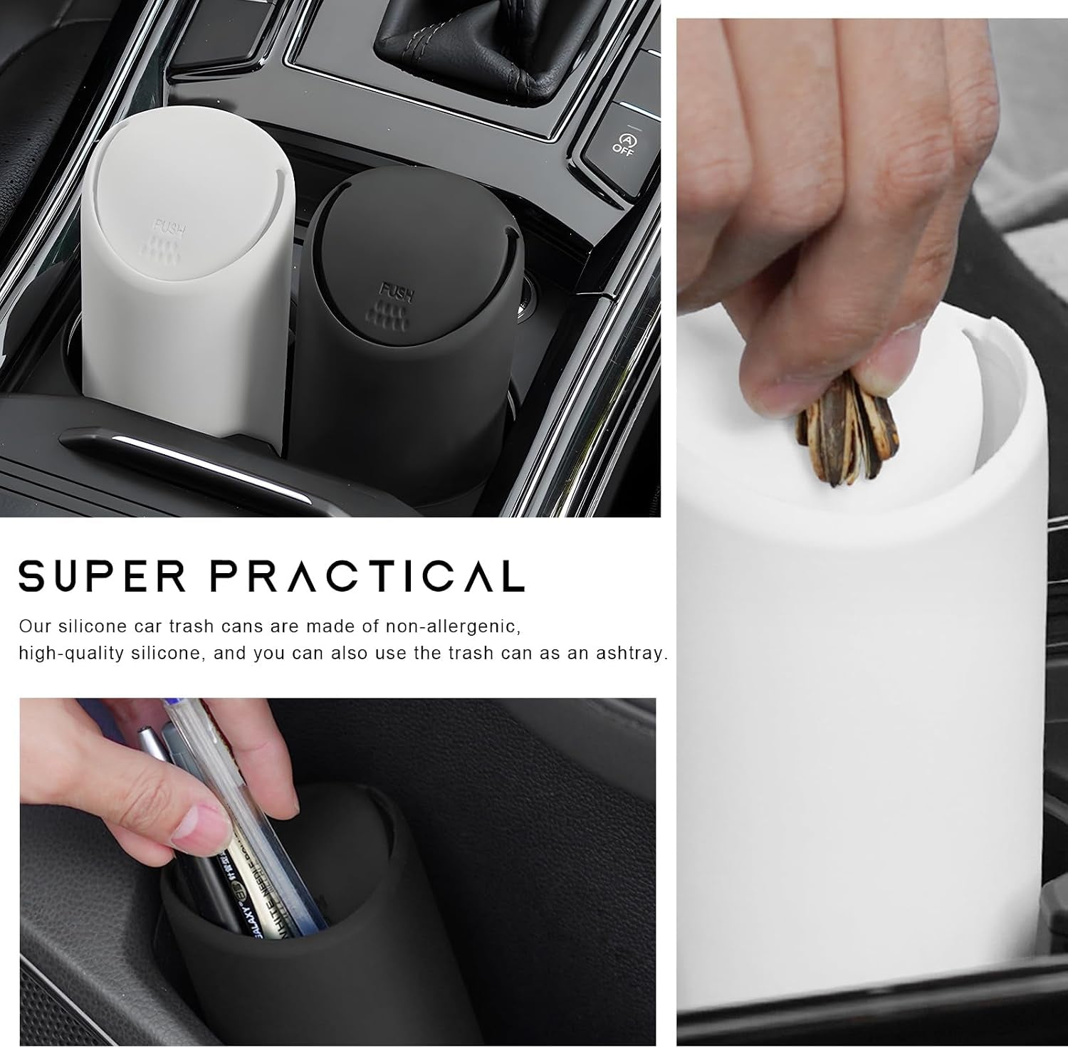 2PCS Mini Car Trash Can with Lid, Portable Silicone Auto Garbage Container for Cup Holder, Multipurpose Trash Bin for Car Home Office, Waterproof Leakproof Small Vehicle Trash Can (Black)