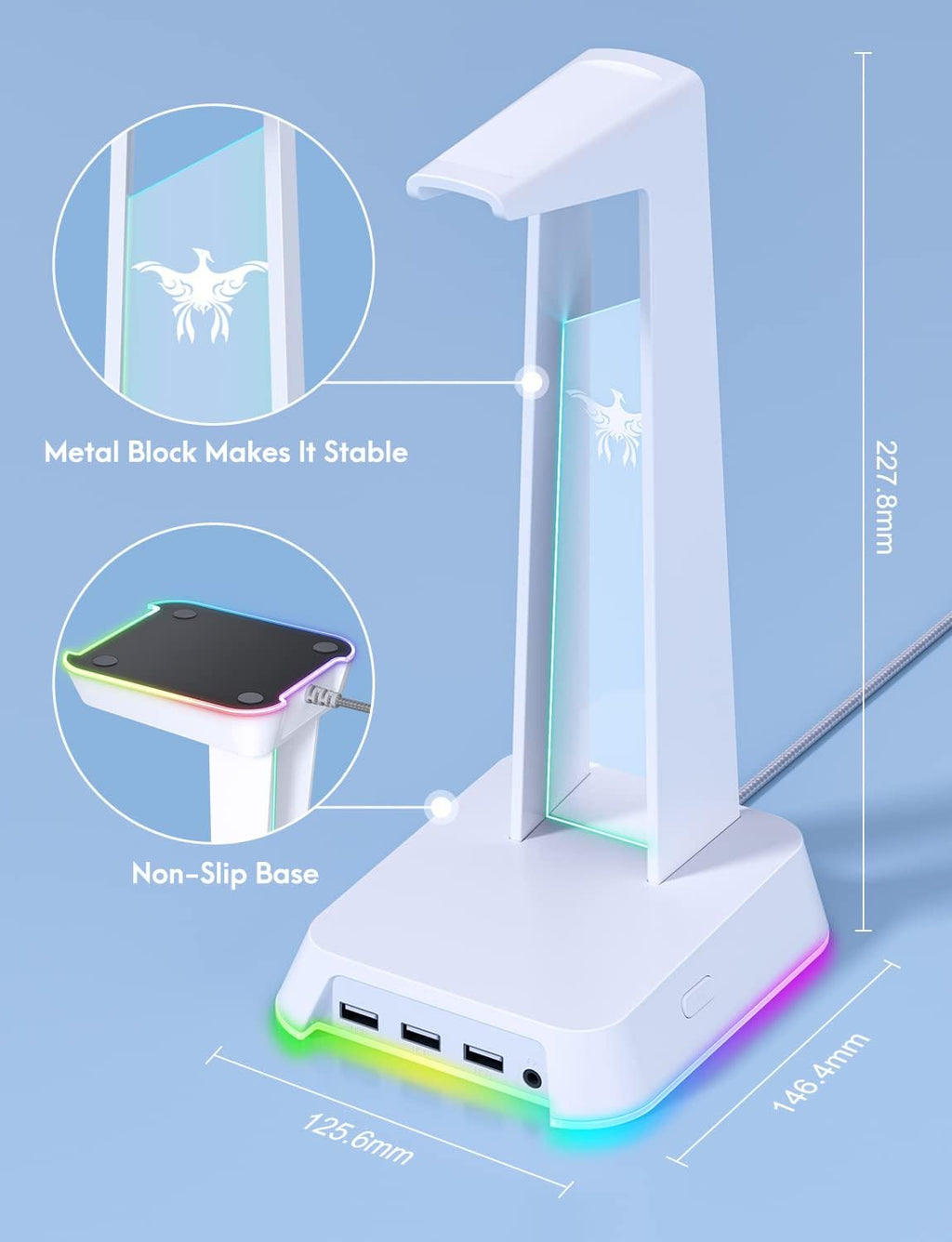 RGB Headphone Stand with 3.5Mm AUX and 3 Port USB 2.0 Hub, Universal Gaming Headset Hanger Holder for Computer Gaming Gamer Accessories (White)