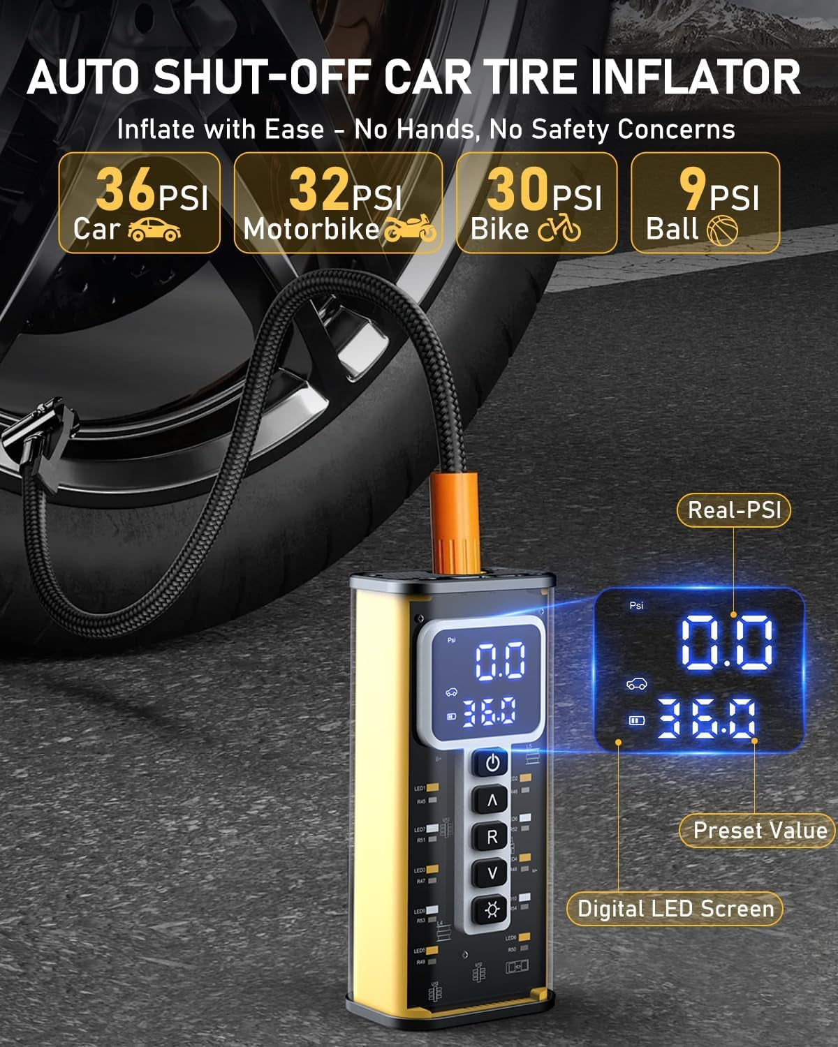 Tire Inflator Portable Air Compressor, 150 PSI Air Compressor for Car Tires, Portable Tire Inflator for Car with Pressure Gauge, Tire Pump for Cars, Bike, Motorcycle, Ball，Valentines Day Gifts for Him
