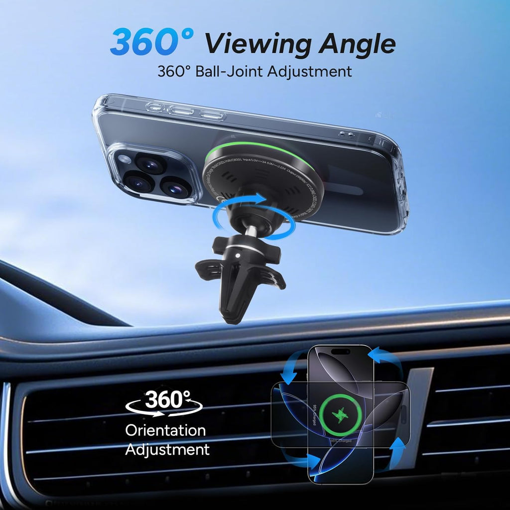 for Magsafe Car Mount Charger, 15W Air Vent Magnetic Wireles Car Mount Charger for Iphone 16 Pro Max Accessories, Car Phone Holder for Iphone 16 15 14 13 12, Zinc Alloy (Black-Grey)