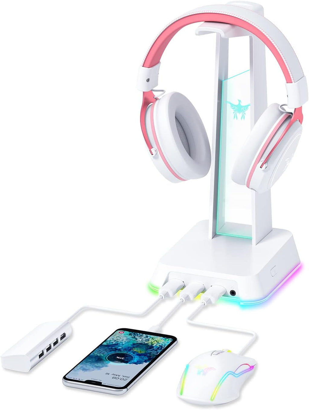 RGB Headphone Stand with 3.5Mm AUX and 3 Port USB 2.0 Hub, Universal Gaming Headset Hanger Holder for Computer Gaming Gamer Accessories (White)