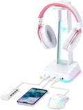 RGB Headphone Stand with 3.5Mm AUX and 3 Port USB 2.0 Hub, Universal Gaming Headset Hanger Holder for Computer Gaming Gamer Accessories (White)