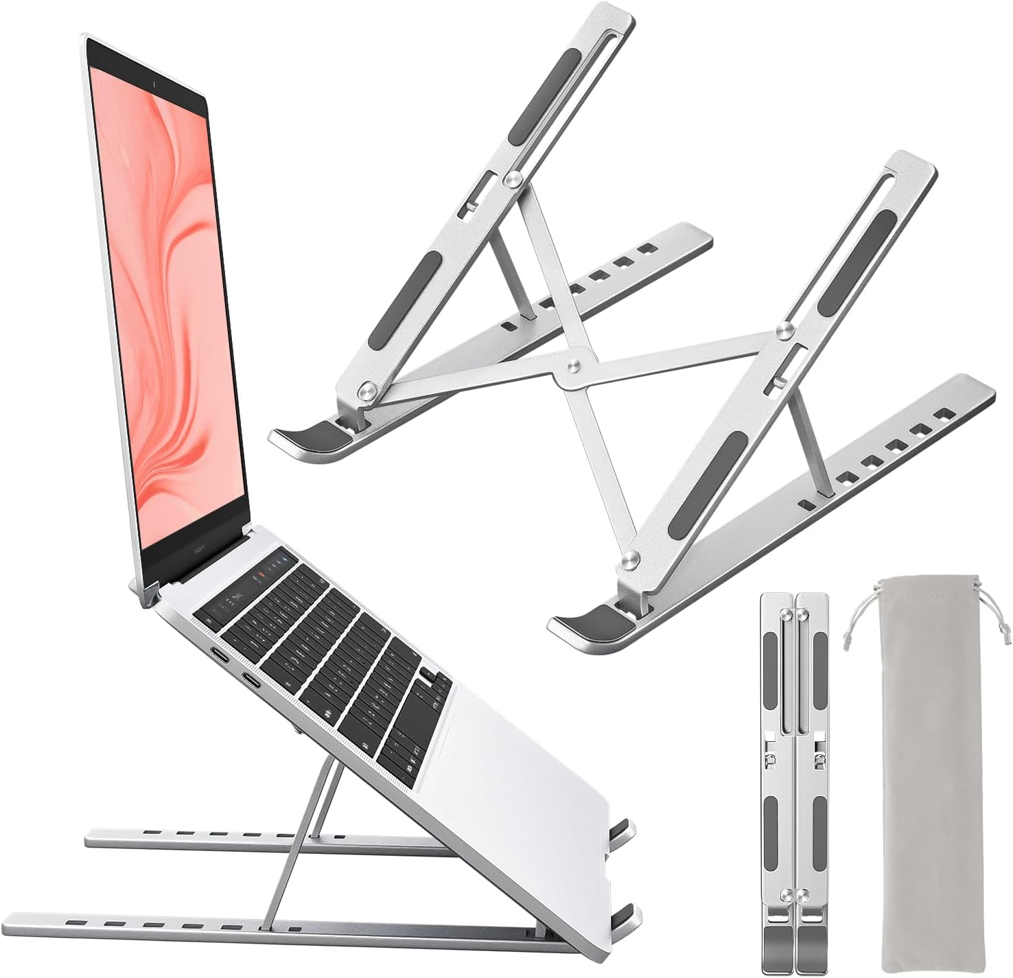 VoltVibe™ Silver Aluminum MacBook/Notebook Stand – Foldable Desk Riser
