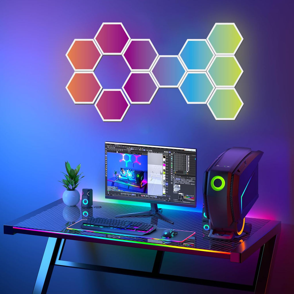 RGBIC Hexagon LED Wall Light Panels 12 Pack Smart Modular Lighting System Kit with App Control & Music Sync for Gaming Room Bedroom Home Decor Ambient Wall Lights