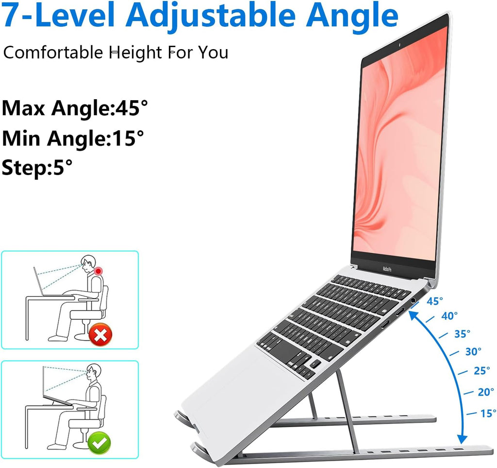 VoltVibe™ Silver Aluminum MacBook/Notebook Stand – Foldable Desk Riser