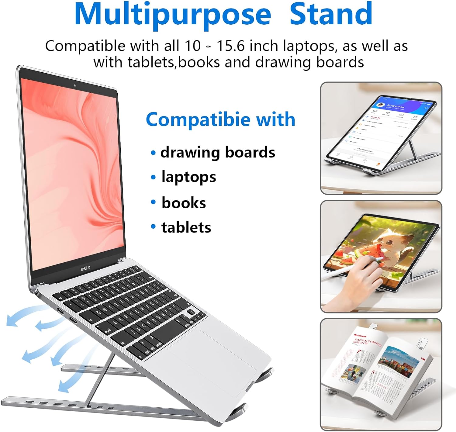 VoltVibe™ Silver Aluminum MacBook/Notebook Stand – Foldable Desk Riser