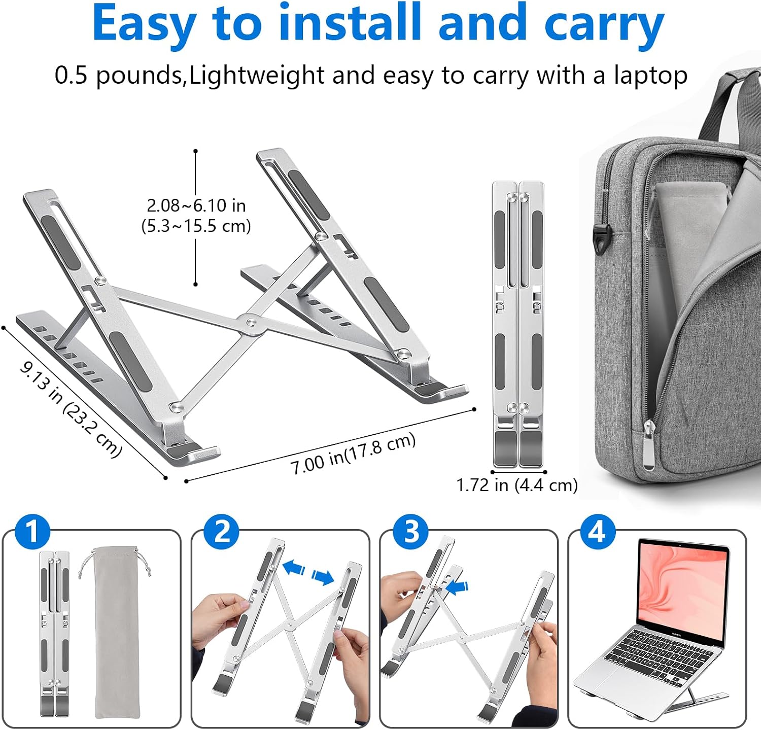 VoltVibe™ Silver Aluminum MacBook/Notebook Stand – Foldable Desk Riser