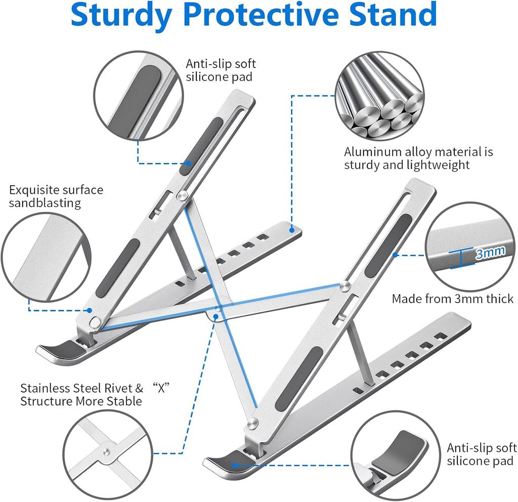 VoltVibe™ Silver Aluminum MacBook/Notebook Stand – Foldable Desk Riser