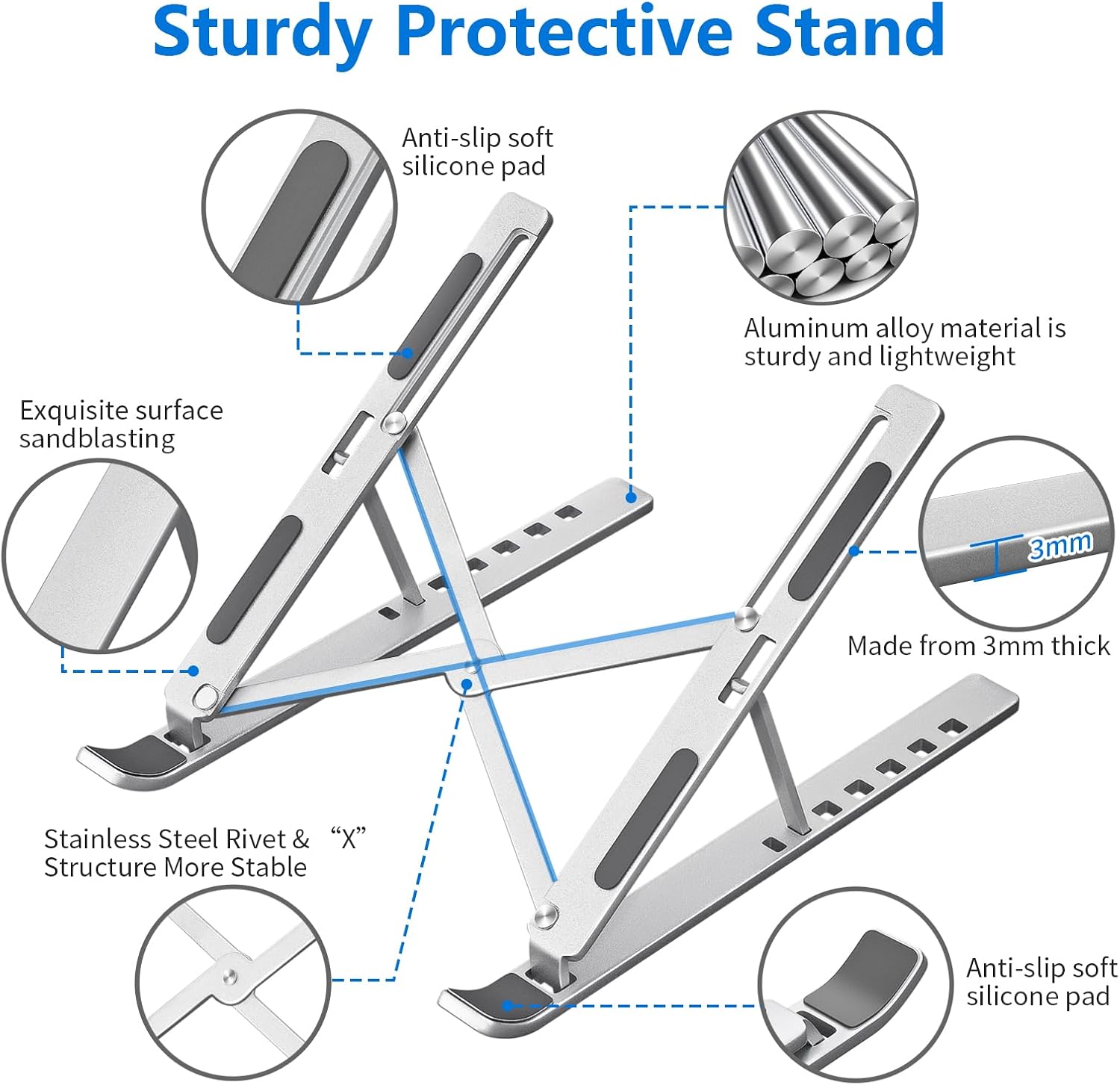 VoltVibe™ Silver Aluminum MacBook/Notebook Stand – Foldable Desk Riser