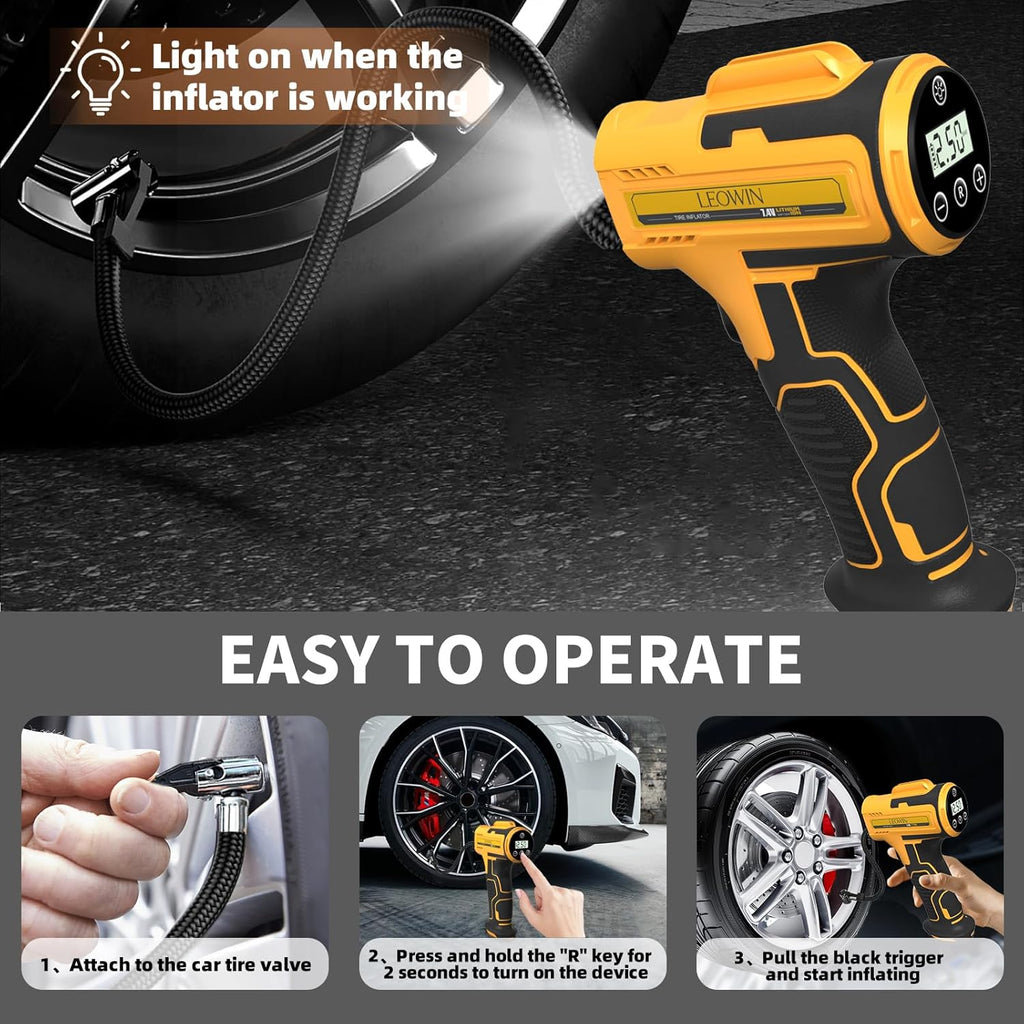 Tire Inflator Portable Air Compressor, Cordless Handheld Air Pump with Digital Tire Pressure Gauge/Led Light，Tire Pump with Rechargeable Battery, for Cars, Motorcycles, Bikes, Ball