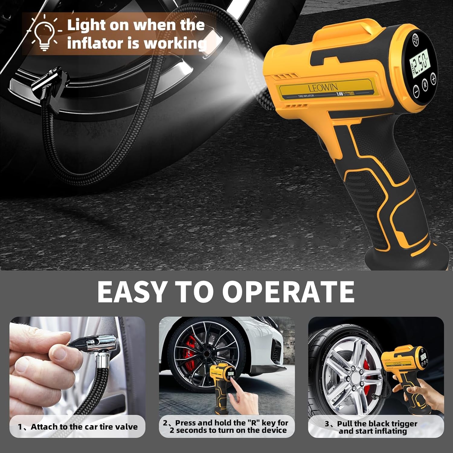 Tire Inflator Portable Air Compressor, Cordless Handheld Air Pump with Digital Tire Pressure Gauge/Led Light，Tire Pump with Rechargeable Battery, for Cars, Motorcycles, Bikes, Ball