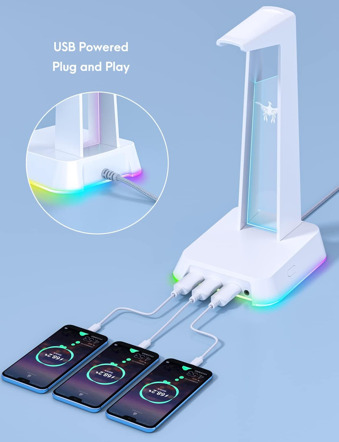 RGB Headphone Stand with 3.5Mm AUX and 3 Port USB 2.0 Hub, Universal Gaming Headset Hanger Holder for Computer Gaming Gamer Accessories (White)
