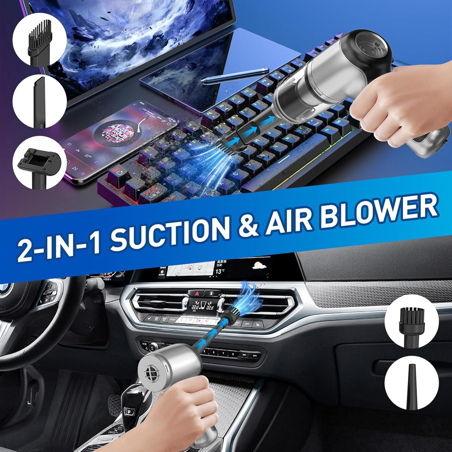 Handheld Car Vacuum Cleaner Cordless with Brushless Motor, 20000PA High Power Vacuum Cleaner & Air Duster, 3 in 1 Keyboard Portable Mini Hand Held Vacuums Cleaner for Car Home