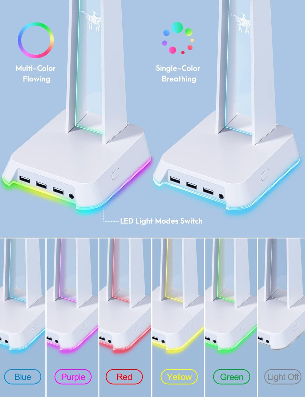 RGB Headphone Stand with 3.5Mm AUX and 3 Port USB 2.0 Hub, Universal Gaming Headset Hanger Holder for Computer Gaming Gamer Accessories (White)
