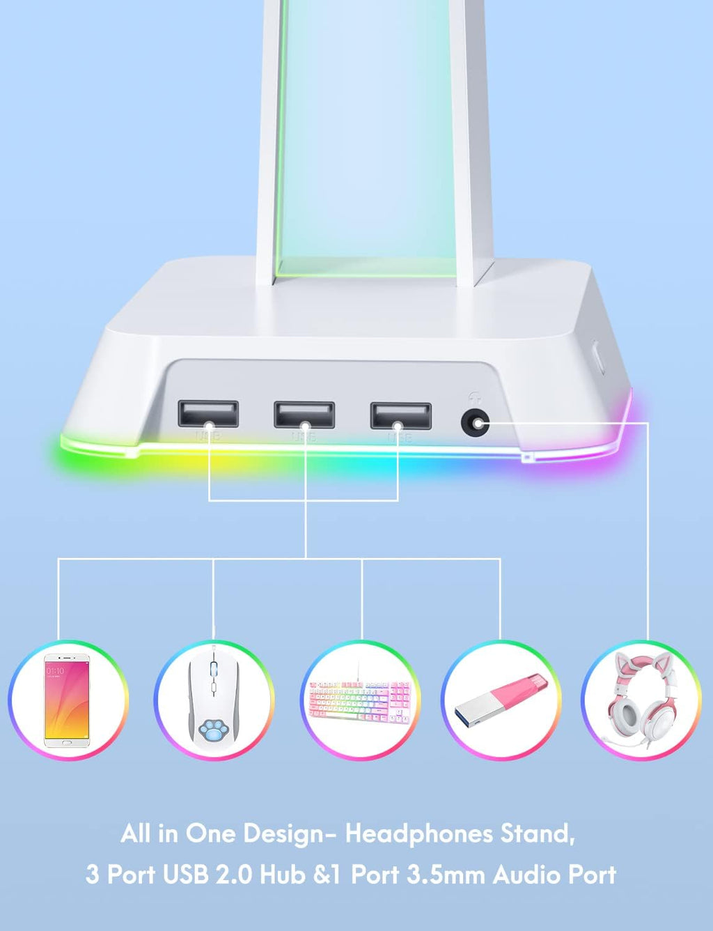 RGB Headphone Stand with 3.5Mm AUX and 3 Port USB 2.0 Hub, Universal Gaming Headset Hanger Holder for Computer Gaming Gamer Accessories (White)