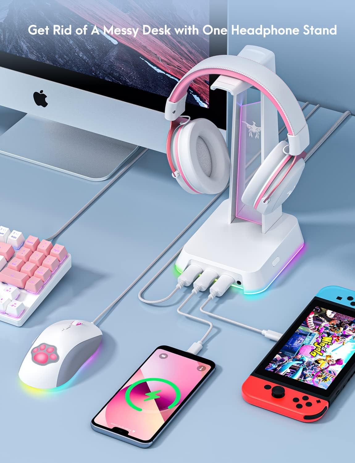 RGB Headphone Stand with 3.5Mm AUX and 3 Port USB 2.0 Hub, Universal Gaming Headset Hanger Holder for Computer Gaming Gamer Accessories (White)