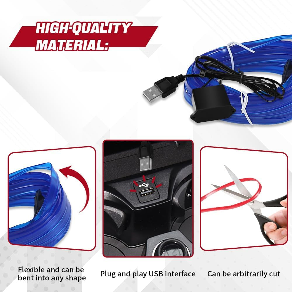 EL Wire Interior Car LED Strip Lights, 16.4FT RGB USB Neon Automotive Light Strip, Electroluminescent Vehicle Ambient Lighting Kit, Interior Decoration Car Accessories (Blue)